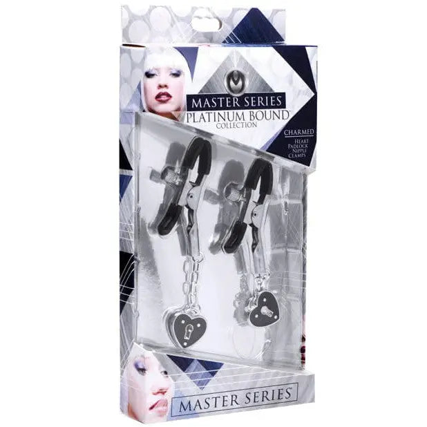 Master Series Nipple Clamp Master Series Charmed Heart Padlock Nipple Clamps - Black at the Haus of Shag