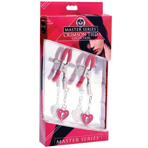 Master Series Nipple Clamp Master Series Charmed Heart Padlock Nipple Clamps - Red at the Haus of Shag