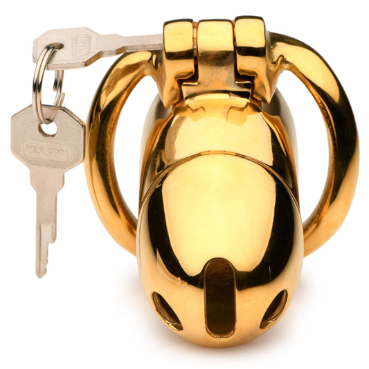 Master Series Cock Cage Midas 18k Gold-plated Locking Chastity Cage at the Haus of Shag