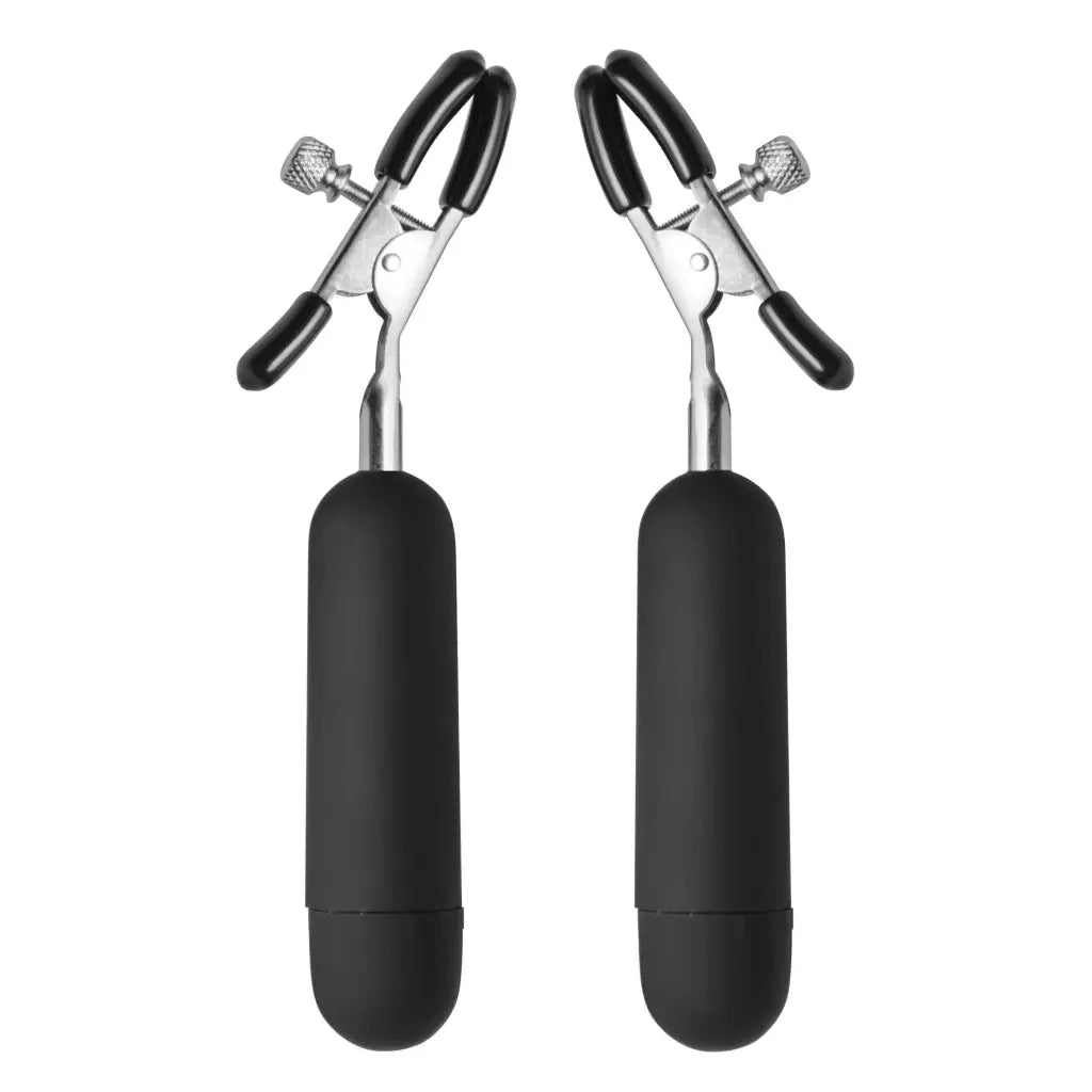 Master Series Nipple Clamp Black Master Series Dark Passion Vibrating Nipple Clamps at the Haus of Shag