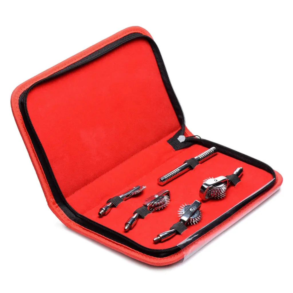 Red zippered case holding Master Series Deluxe Wartenberg Wheel Set dental cleaning tools