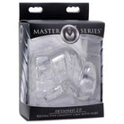 Clear plastic ’Master Series Detained 2.0’ restrictive chastity cage in retail packaging