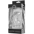 Clear, ridged sex toy in retail box labeled ’Master Series Detained Soft Body Chastity Cage’