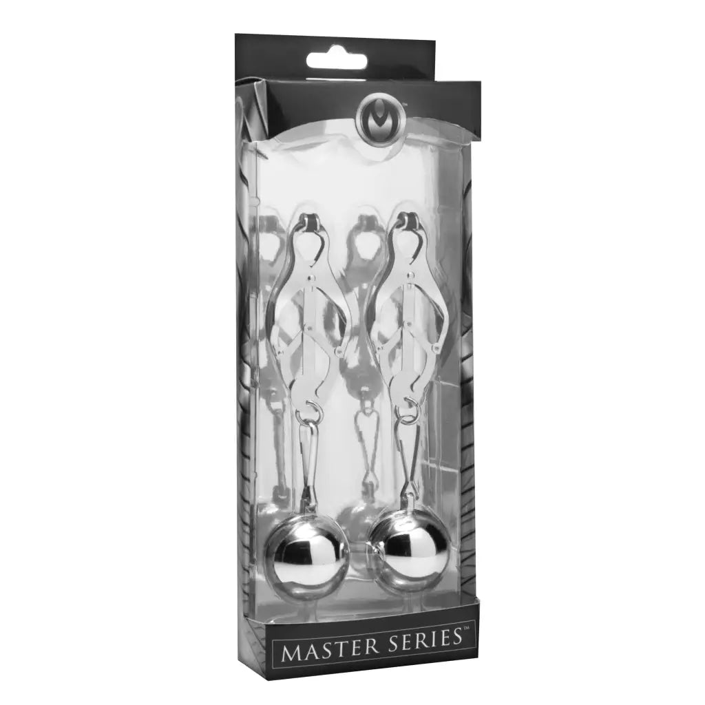 Master Series Deviant Monarch Weighted Nipple Clamps with metal balls in retail packaging