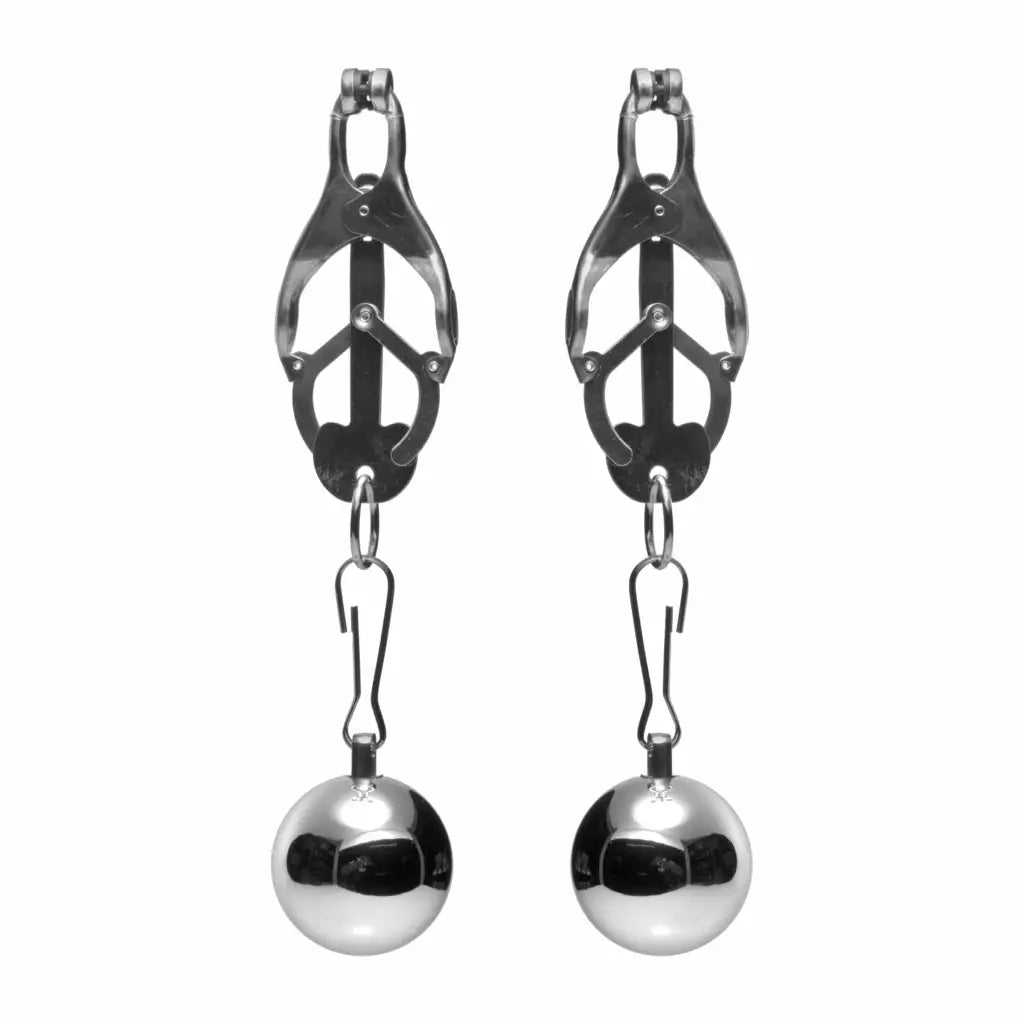 Master Series Deviant Monarch Weighted Nipple Clamps with attached metal balls for enhanced pleasure