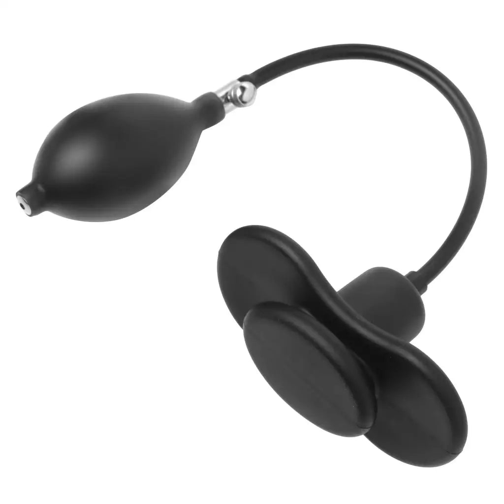 Black earphone with inflatable silicone butterfly gag on white background, Master Series