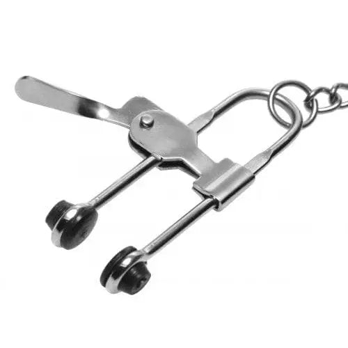 Master Series Nipple Clamp Silver Master Series Intensity Nipple Press Clamps with Chain at the Haus of Shag