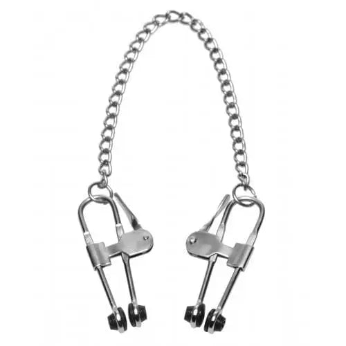 Master Series Nipple Clamp Silver Master Series Intensity Nipple Press Clamps with Chain at the Haus of Shag