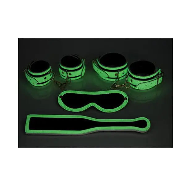 Master Series Kink in the Dark Glowing Cuffs, Blindfold & Paddle Set for night-time play