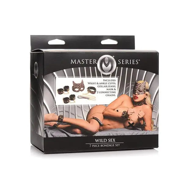 Master Series Leopard Print Bondage Set packaging with adult accessories and provocative image