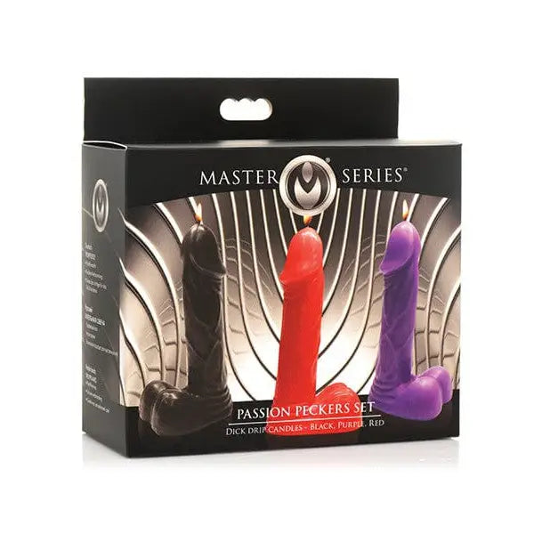 Set of three Master Series Passion Peckers Dick Drip Candles in assorted colors, packaged in black box