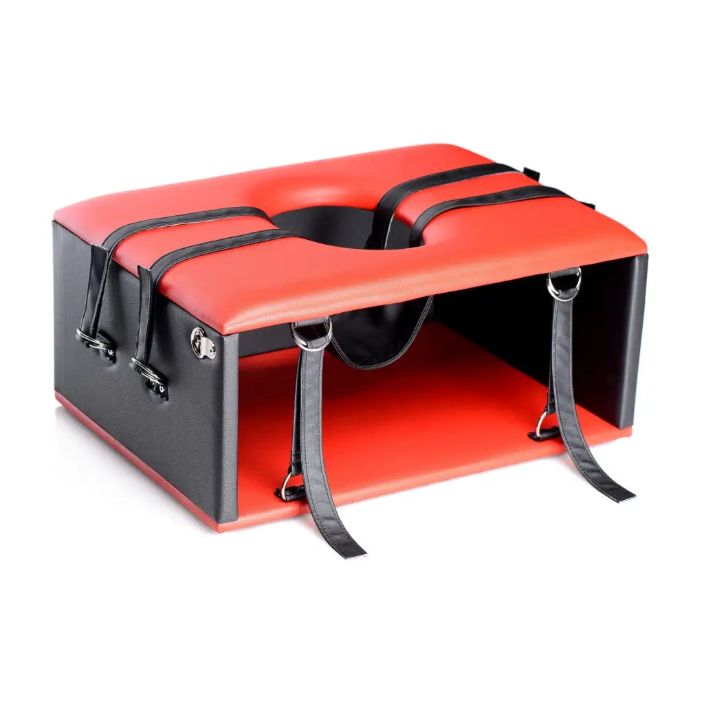 Master Series Queening Chair: Red and black leather briefcase with two handles