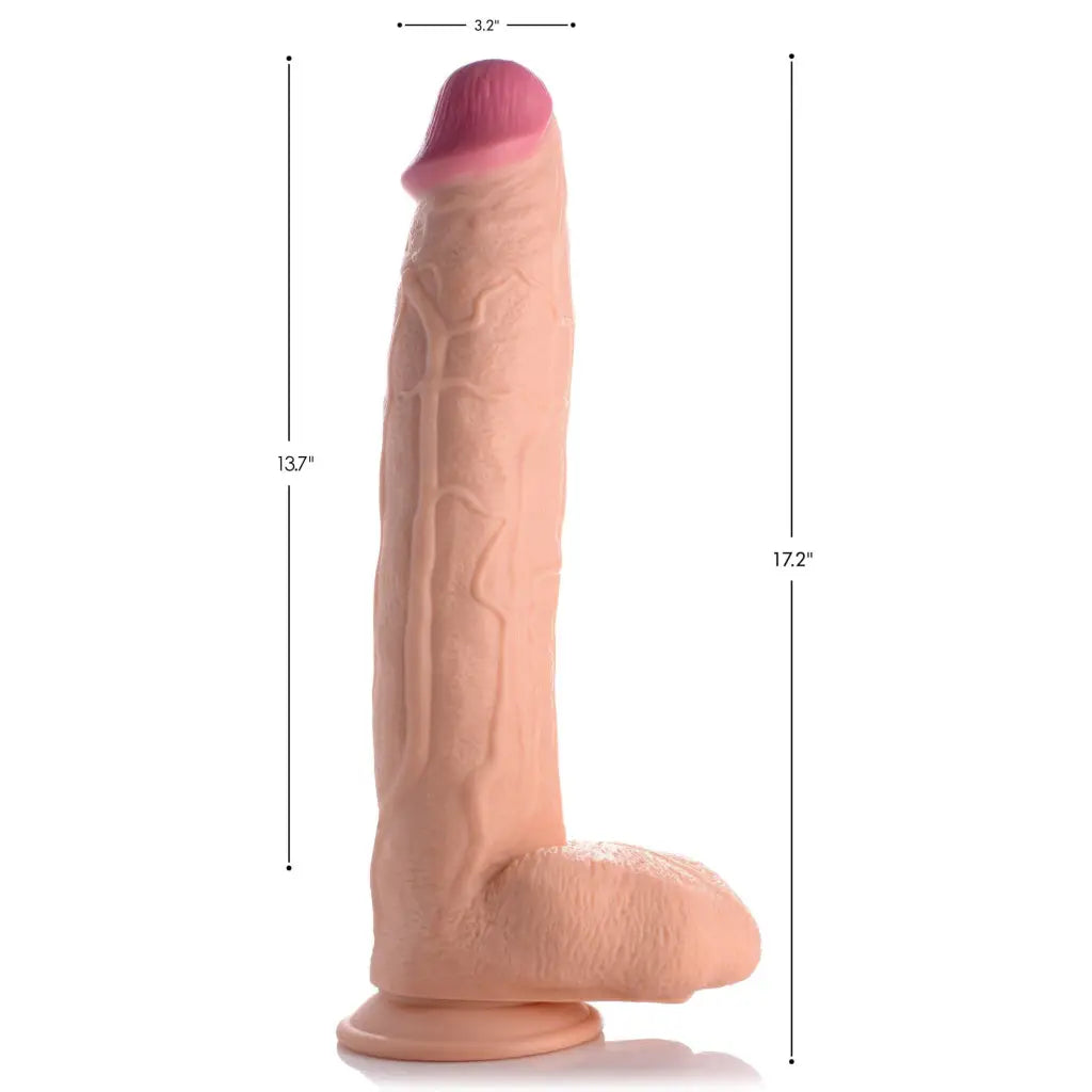 Close-up of Master Series Raging Rhino 17’ Veiny Dildo with a pink hat