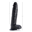 Close-up of the Master Series Raging Rhino 17’ veiny dildo with measurements displayed