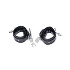 Black leather handcuffs with padlocks for Master Series Squat Anal Impaler w/ Spreader Bar