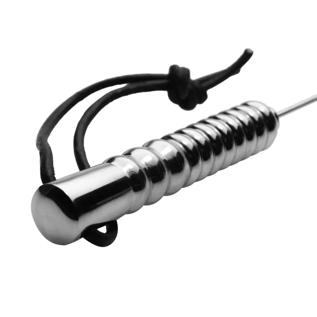 Stainless steel whipping rod featuring a ribbed shaft and attached cord for intense pleasure