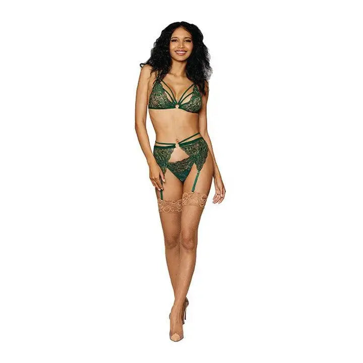 Dreamgirl Lingerie Set Metallic Stretch Lace 3pc Set Evergreen O/s at the Haus of Shag