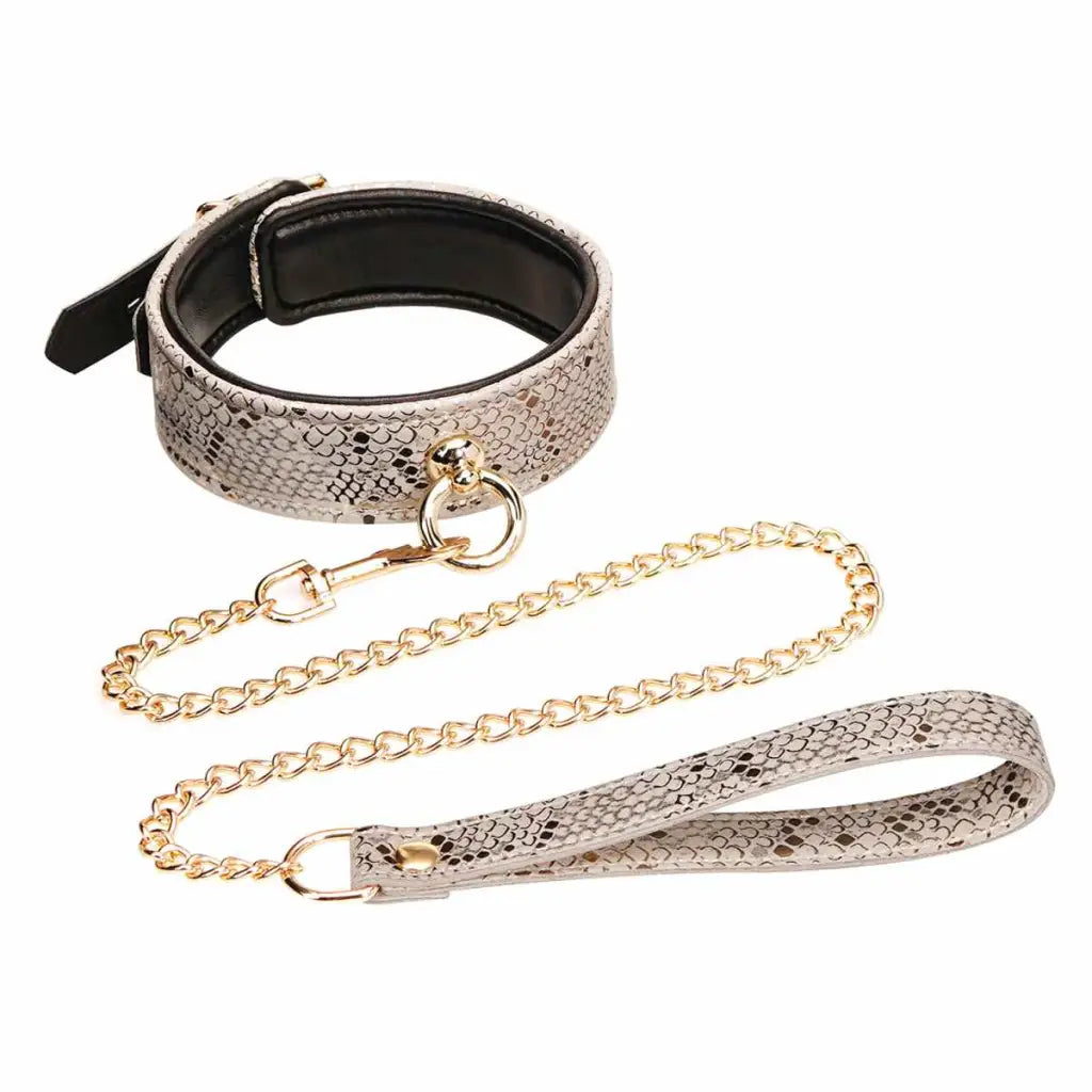 Microfiber Snake Print Collar & Leash White W Leather Lining - Collar