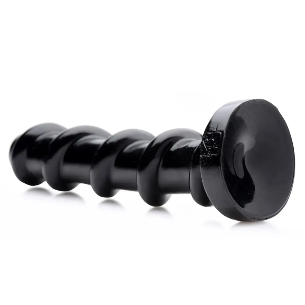 Mighty Screw 9.5 Inch Dildo - Black spiral-shaped anal plug with flared base