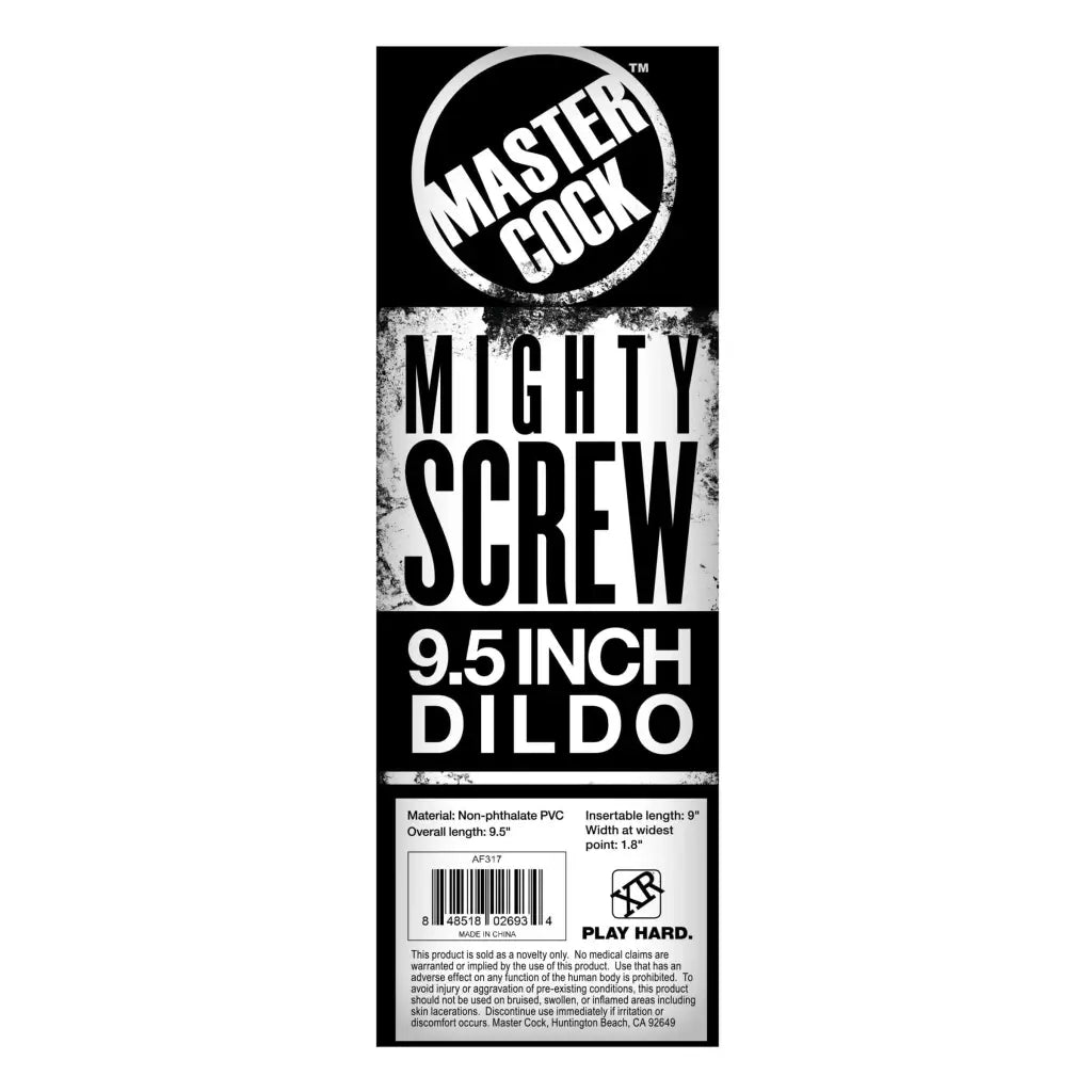 Product label for Master Cock’s ’Mighty Screw 9.5 Inch Dildo’ adult novelty item