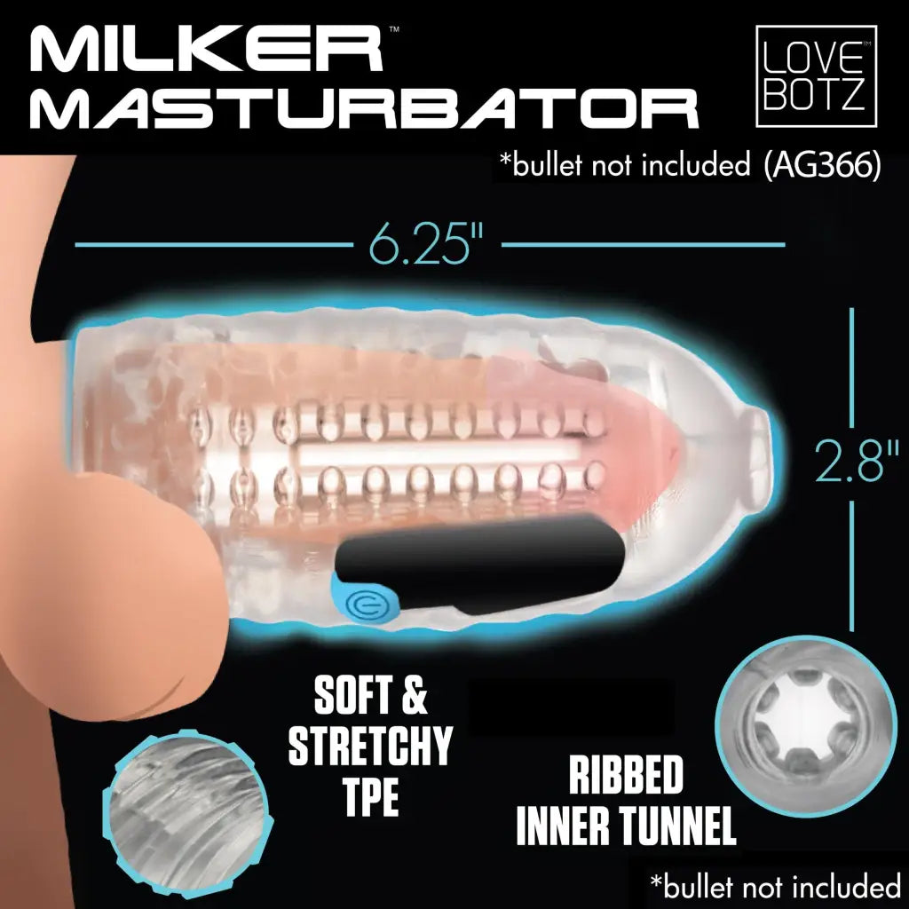 Milker Pro Masturbator: Transparent ribbed sleeve, phthalate-free TPE, detailed dimensions