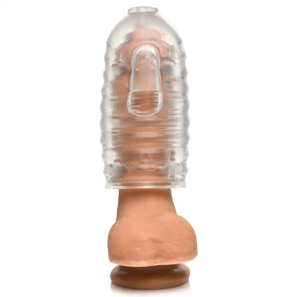 Flesh-colored sex toy with clear plastic attachment from Milker Masturbator, phthalate free TPE