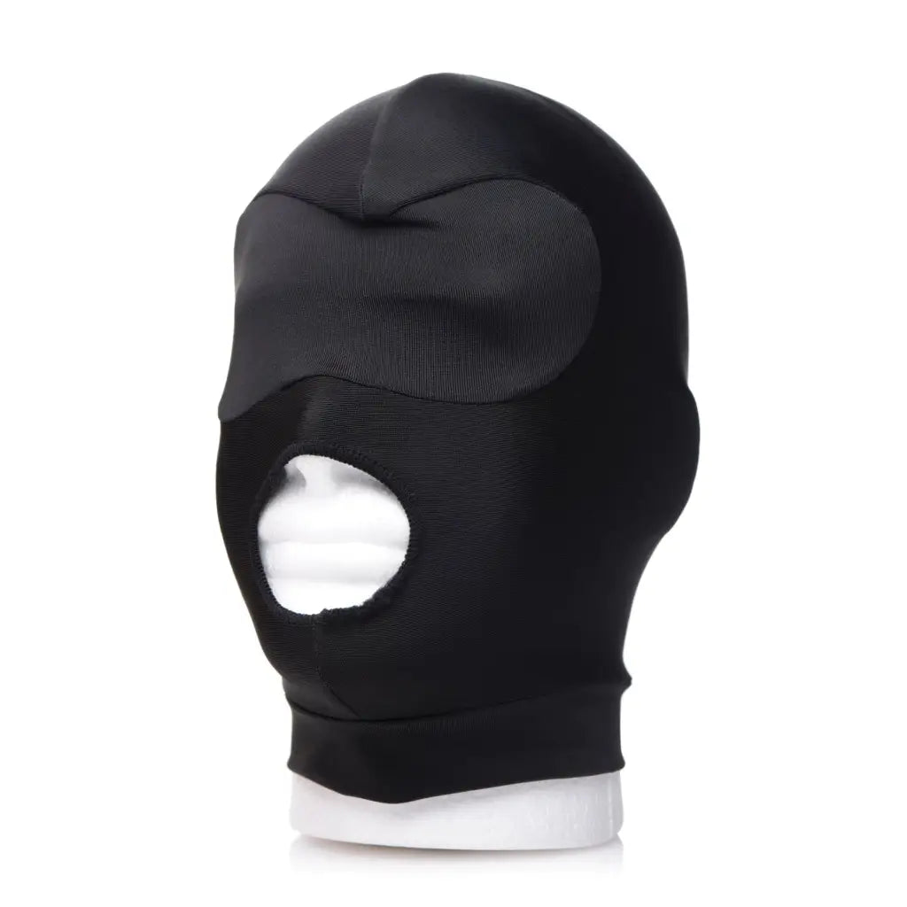 Mistress femdom pegging kit includes a black balaclava with single mouth opening