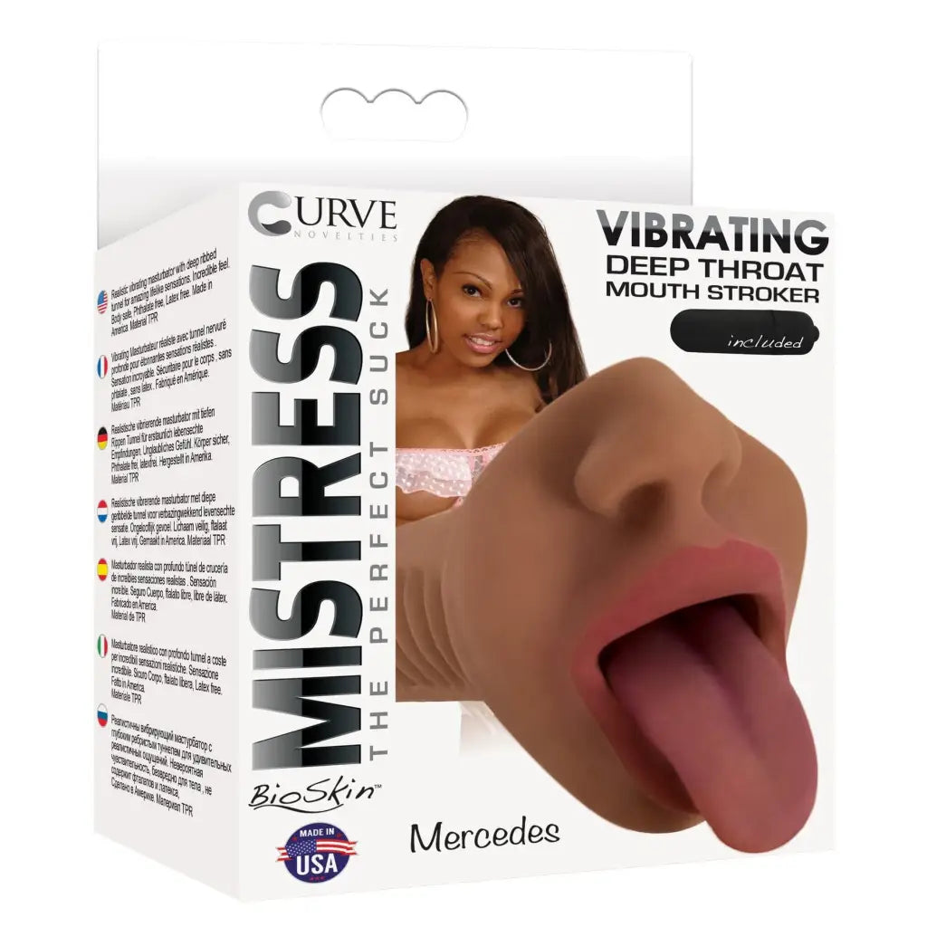 Curve Novelties Manual Stroker Mistress Mercedes Vibrating Mouth Stroker- Brown at the Haus of Shag