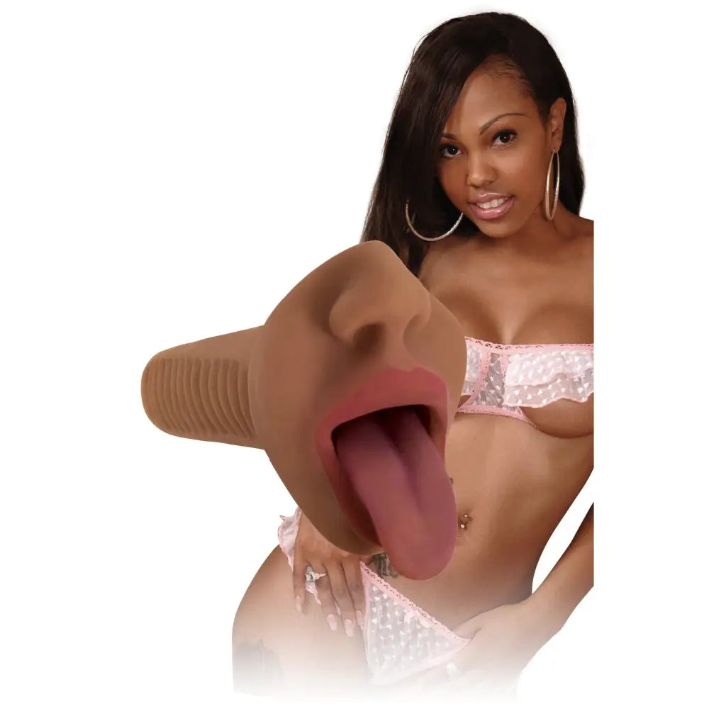 Mistress Mercedes Vibrating Mouth Stroker with realistic tongue-like protrusion in brown