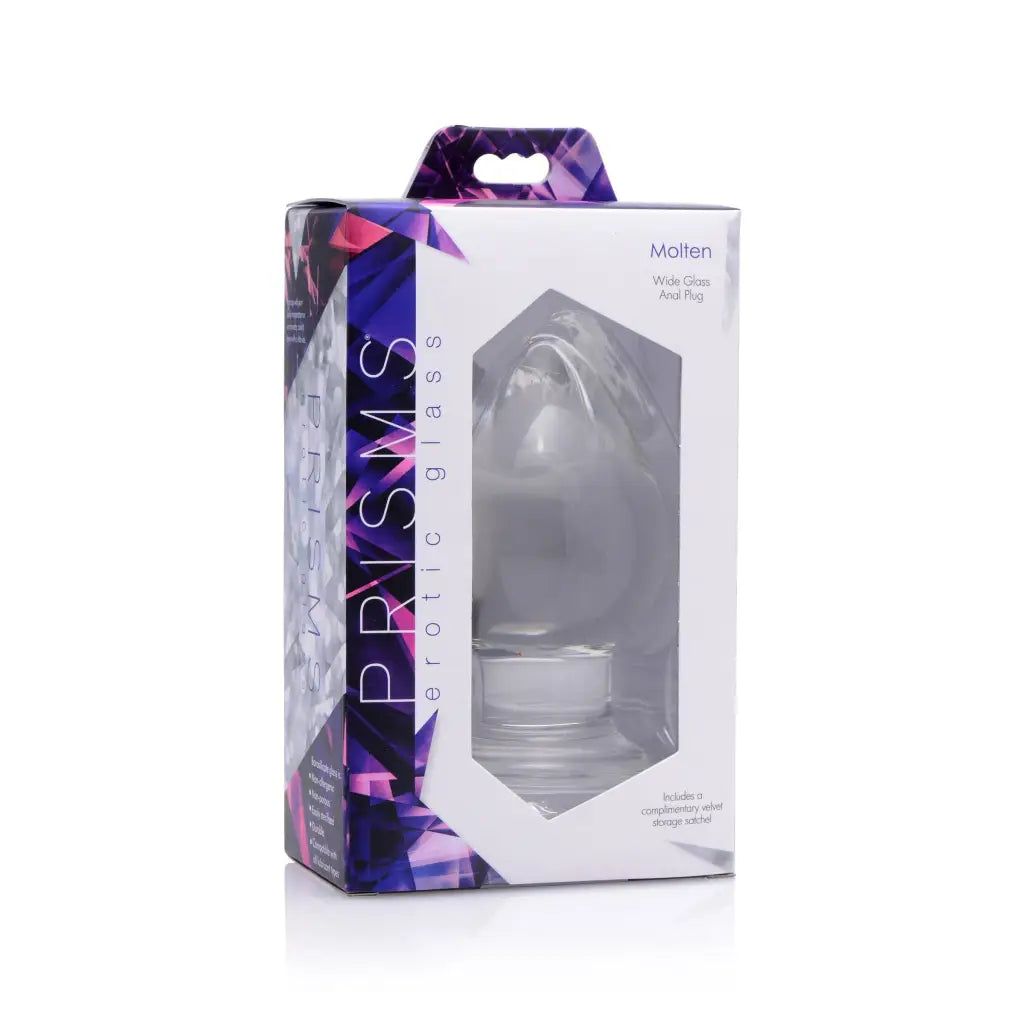 Molten Wide Glass Butt Plug in retail packaging, high-quality glass anal plug