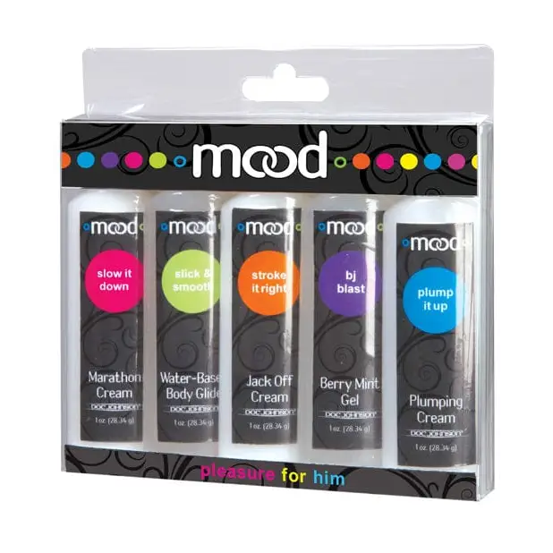 Set of five Mood Lube Pleasure creams in retail box, enhancing intimacy and comfort