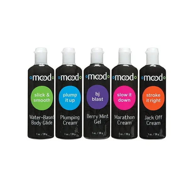 Mood Lube Pleasure - Asst. Pack Of 5 black bottles with colorful labels for lubricants and creams