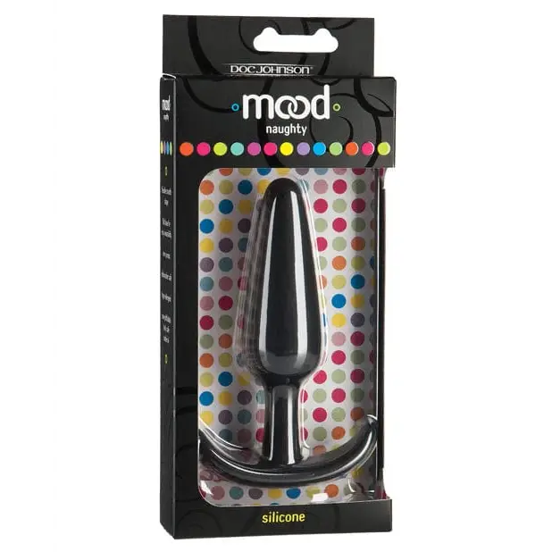 Black silicone Mood Naughty Butt Plug in colorful polka dot packaging