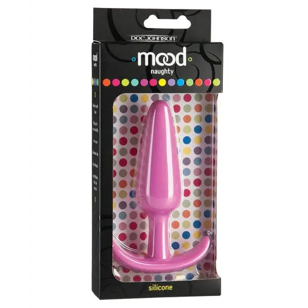 Pink silicone Mood Naughty Butt Plug in retail packaging for discreet intimate pleasure