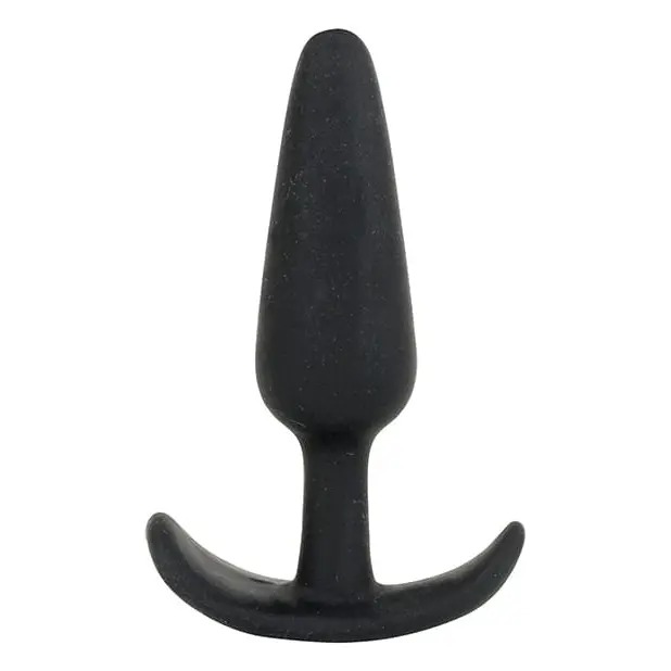 Black silicone Mood Naughty Butt Plug with tapered shape and flared base for safe use