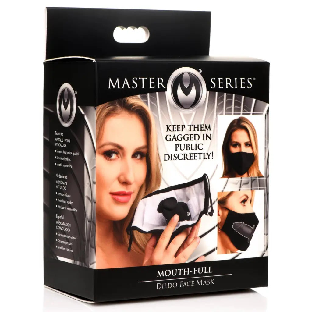 Mouth-Full Dildo Face Mask packaging from Master Series - unique adult novelty face mask