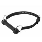 Black leather collar with lockable silicone horse bit gag featuring bone-shaped attachment