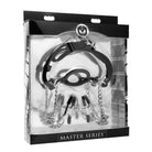 Metal bondage device with silicone O-ring gag and nipple clamps in clear Master Series packaging