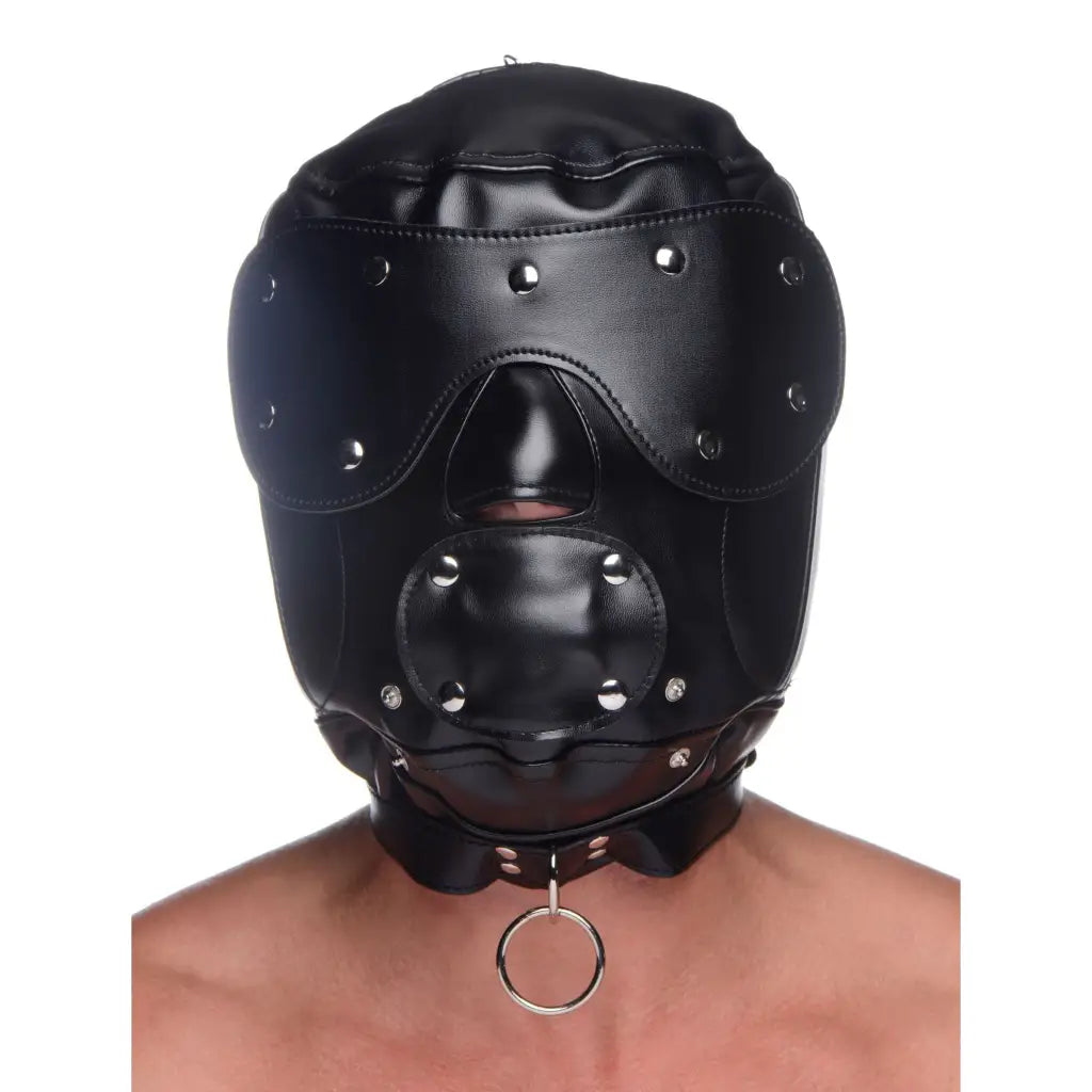 Muzzled Universal Bdsm Hood - Black leather bondage mask with metal studs and ring attachment