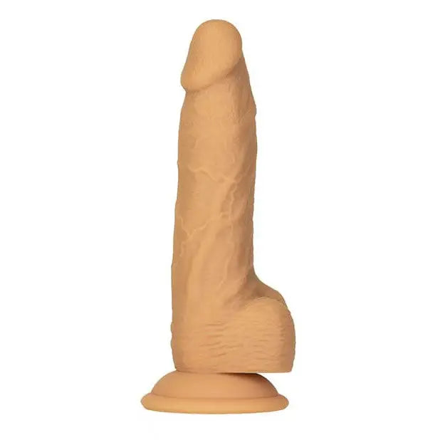 Close up of Naked Addiction 8’ rotating & vibrating dildo with remote on white background