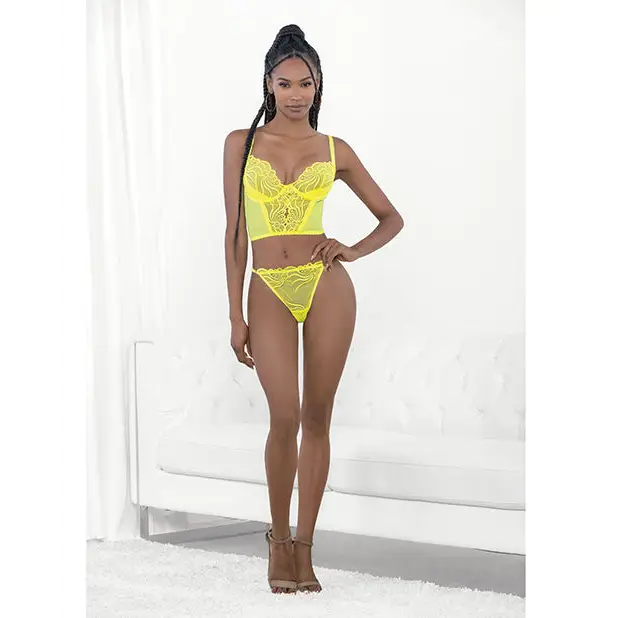 Neon Lace Corset Top with Ring Accent & Panty - Medium / Yellow - Corset