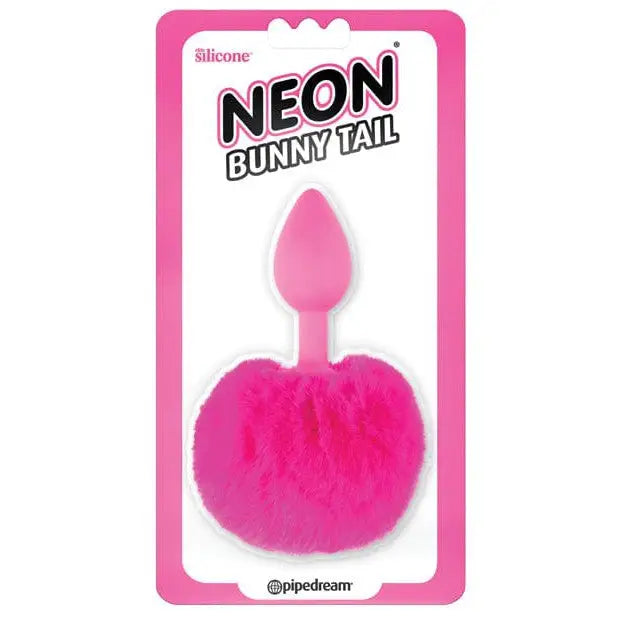 Close-up of Neon Luv Touch pink bunny tail butt plug with pink spoon accessory