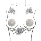 Stylized female torso with floral, jeweled elements; Neva Nude Burlesque Crystal Jewel Reusable Pasties