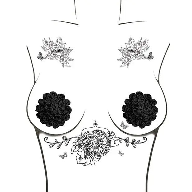 Female torso with floral tattoos showcasing Neva Nude Burlesque Nightfall Roses pasties