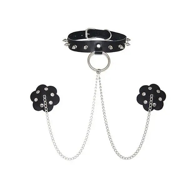 Neva Nude Burlesque black leather neck choker with chains and reusable silicone pasties