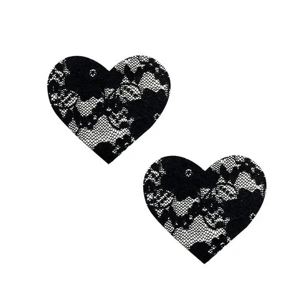 Neva Nude Lace Heart Pasties - Two black lace heart-shaped designs