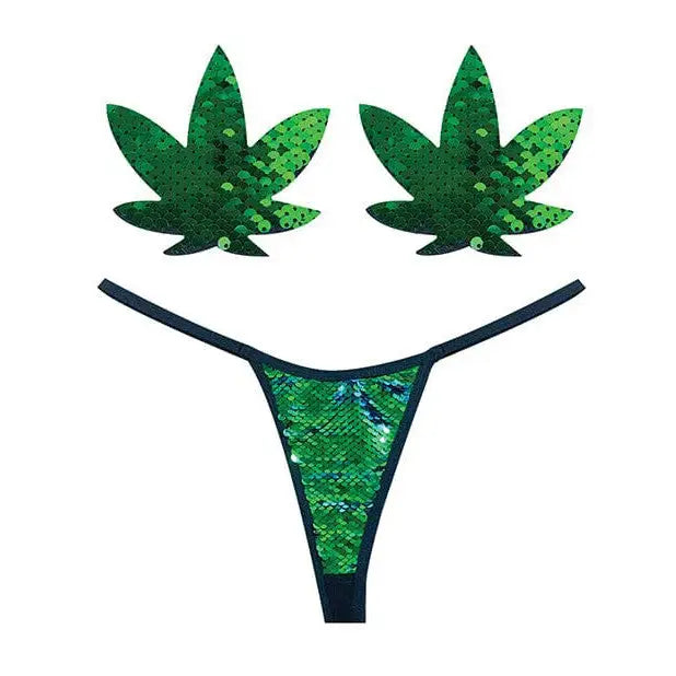 Neva Nude Naughty Knix green sequin g-string & marijuana leaf pasties set