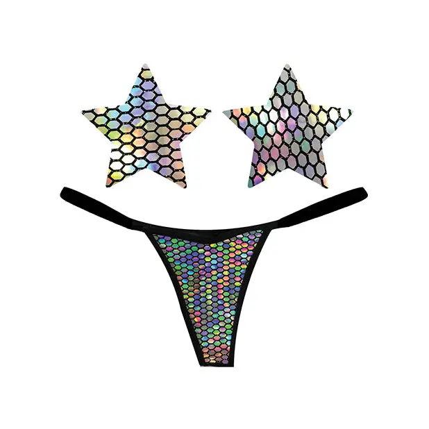 Neva Nude Naughty Knix Mirrored Mayhem Holographic G-string & Pasties - Black O/s - G-String