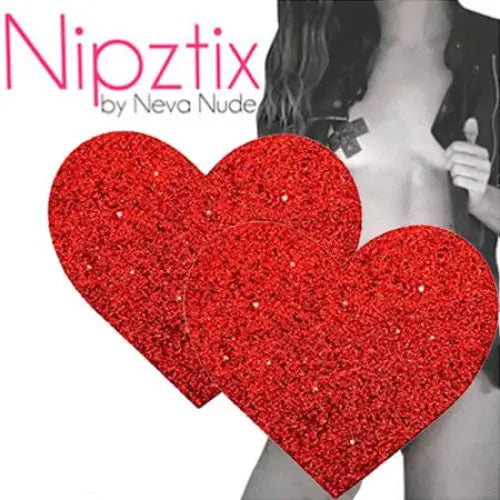 Red glittery heart-shaped nipple covers from Neva Nude Pasty Hearts Glitter collection