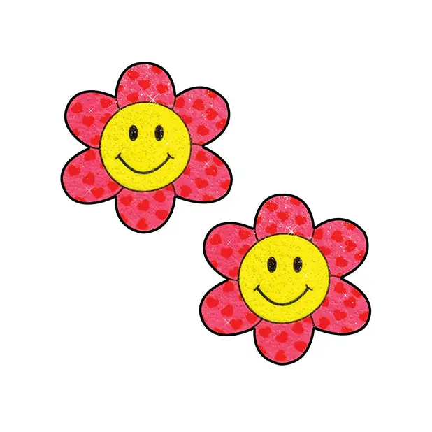 Neva Nude Smiley Flower Power Glitter Pasties - Pink/yellow O/s - Pasties